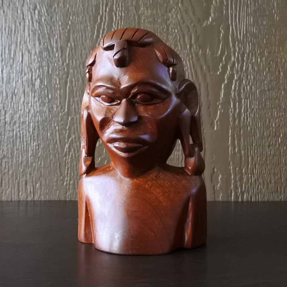 Vintage African Wooden Hand Carved Head Bust Man Sculpture